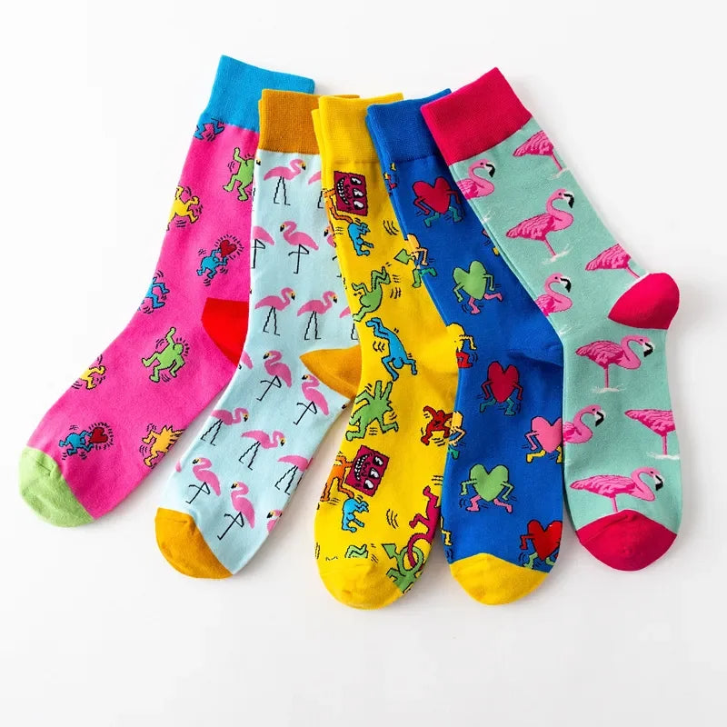 Flamingo Character Cotton Socks - Unisex Casual Crew Socks