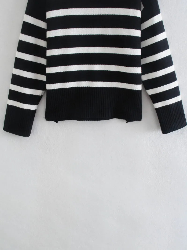 Black and White Striped Turtleneck Sweater - Women's Pullover