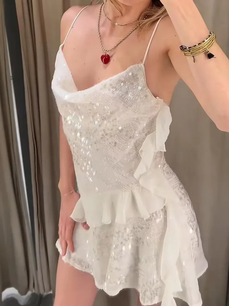 Women's Elegant White Sequin Halter Dress