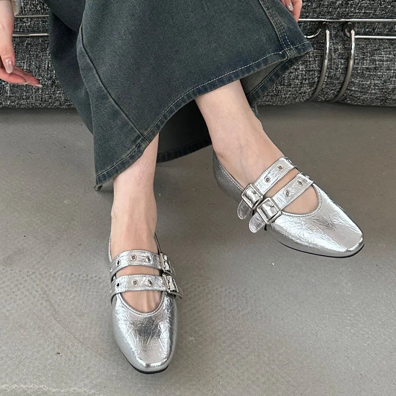 Women's Ballet Flats with Buckle Strap - Round Toe Casual Shoes