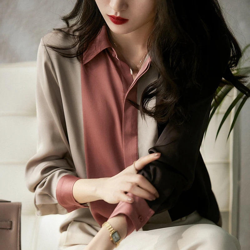 Satin Button Blouse - Vintage Long Sleeve Polo Collar Shirt