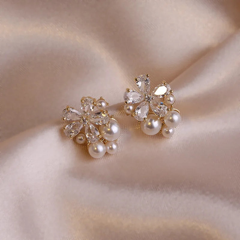 Rhinestone Flower Stud Earrings with Pearl & Crystal Accents