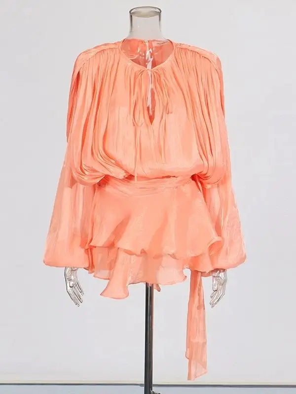 Women's V-Neck Mini Dress with Long Sleeves - A-Line Blouse Dress