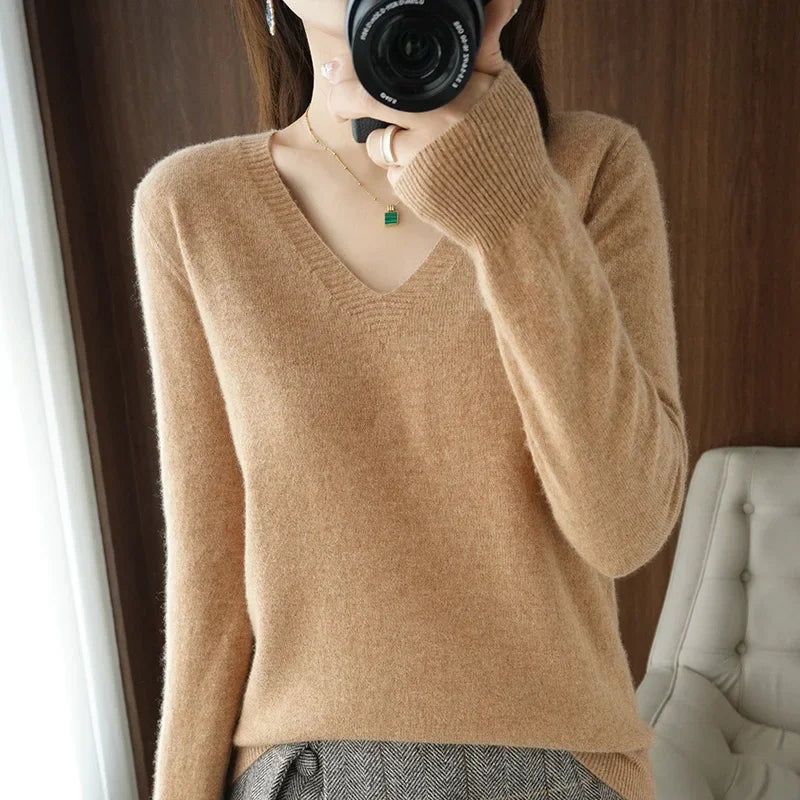 Casual V-Neck Sweater - Women's Solid Color Pullover