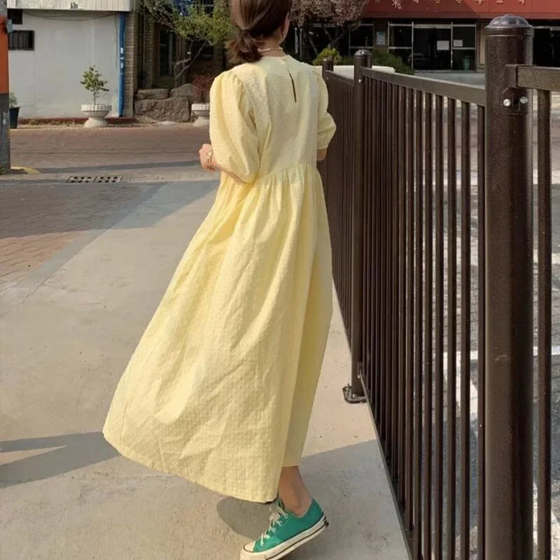 Women's Polka Dot Midi Dress - Summer Puff Sleeve A-Line Dress