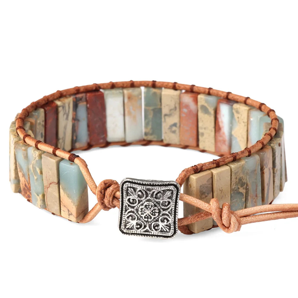 Multicolor Natural Stone Leather Wrap Bracelet - Adjustable Tibetan Bead Jewelry