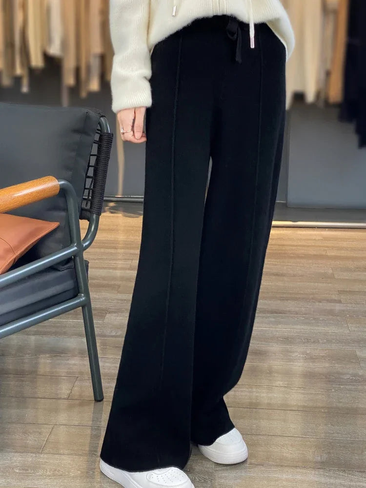 Women's Wool Knitted Wide Leg Pants - High Waist Casual Trousers