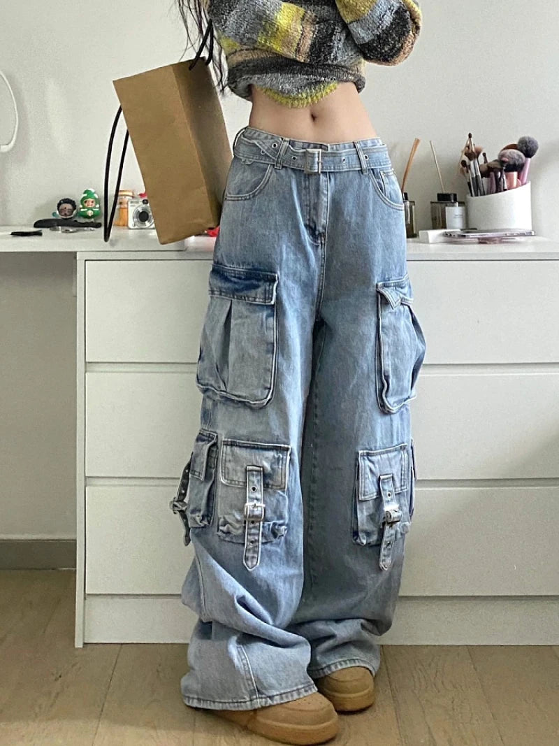 Women's High-Waisted Cargo Jeans - Wide Leg Denim Pants