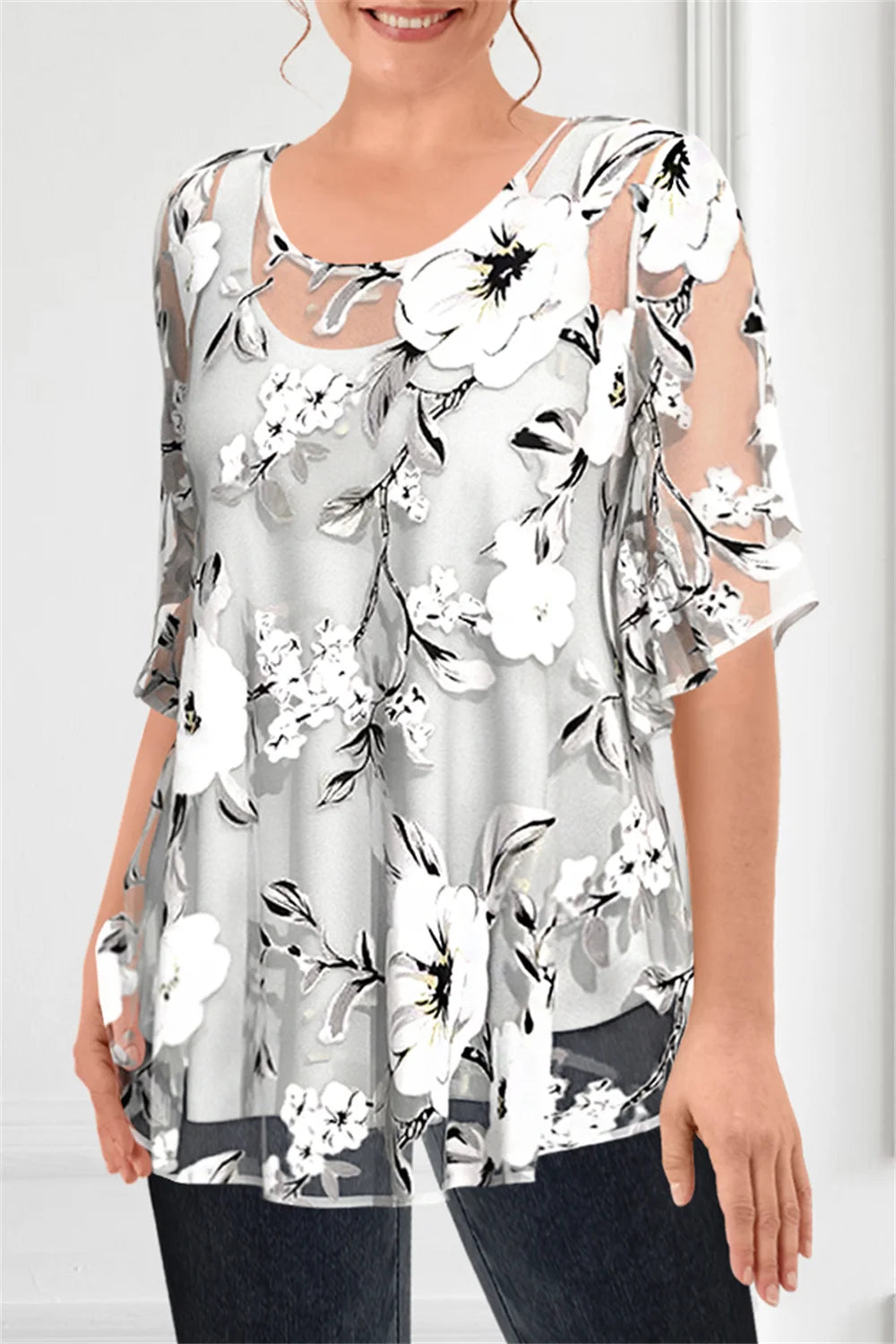 Women's Plus Size Floral Chiffon Two-Piece Blouse Set