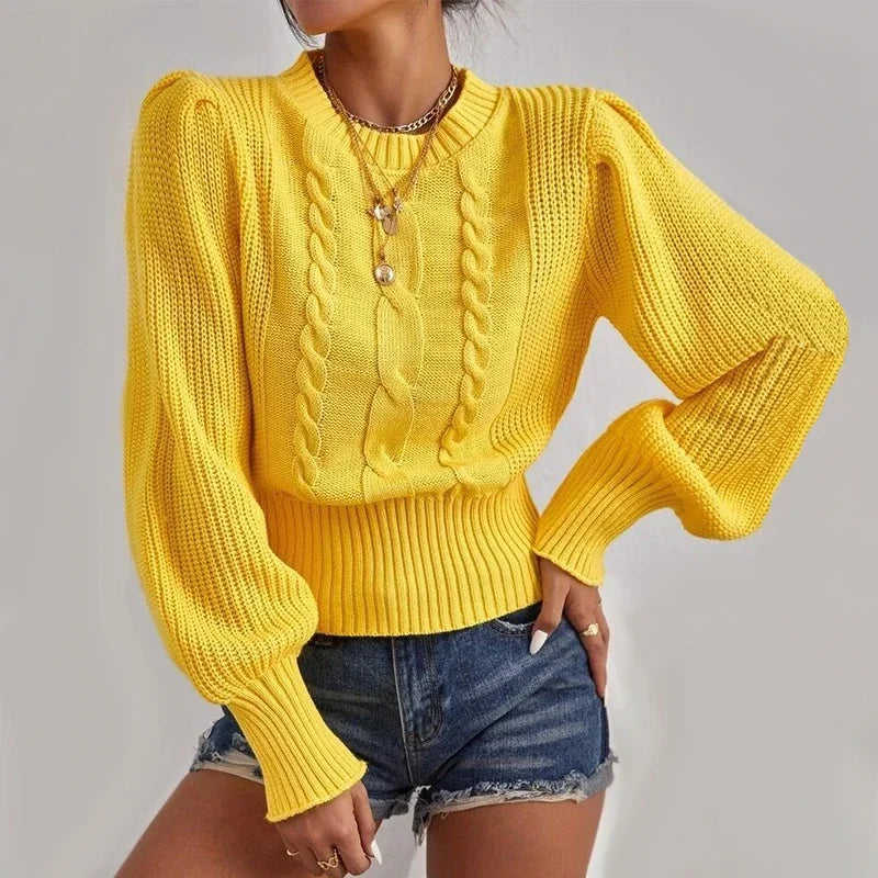 Solid Color Lantern Sleeve Sweater - Women's Warm Pullover