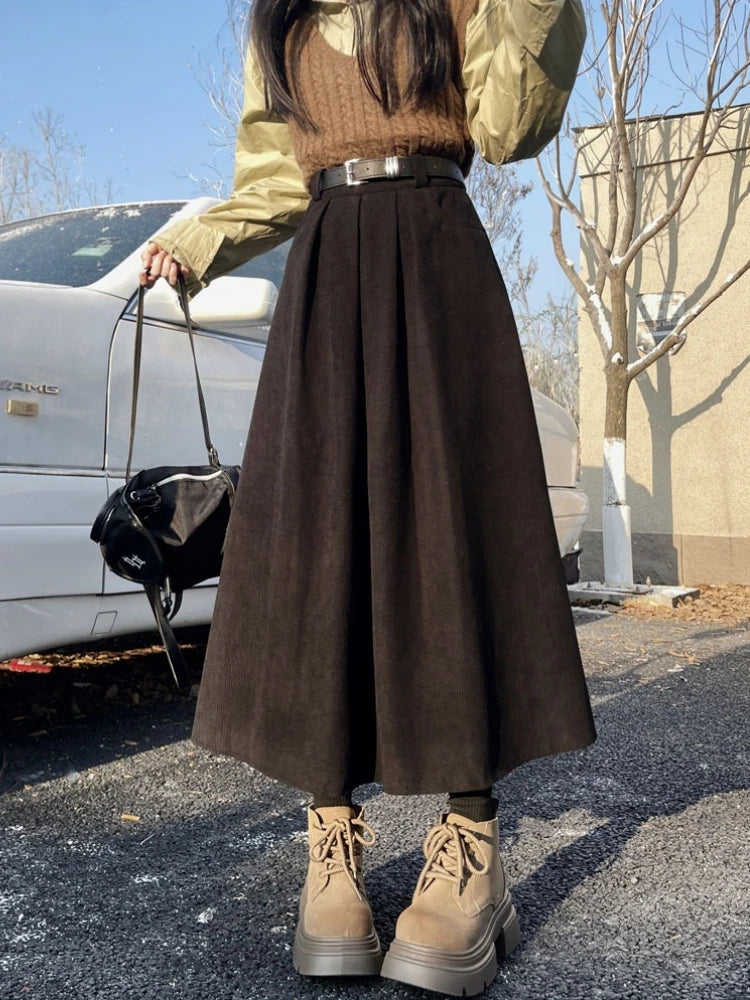 Women's Vintage Corduroy Pleated Skirt with Belt - Mid-Calf Length