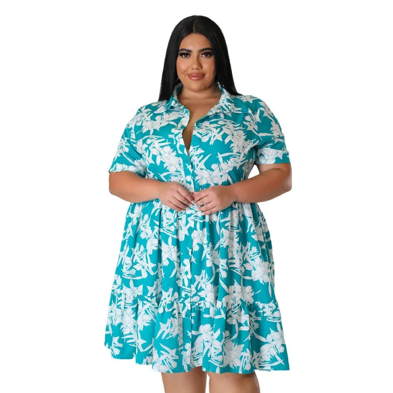 Women's Plus Size Floral Print Midi Dress - A-Line Short Sleeve Casual Party Dress