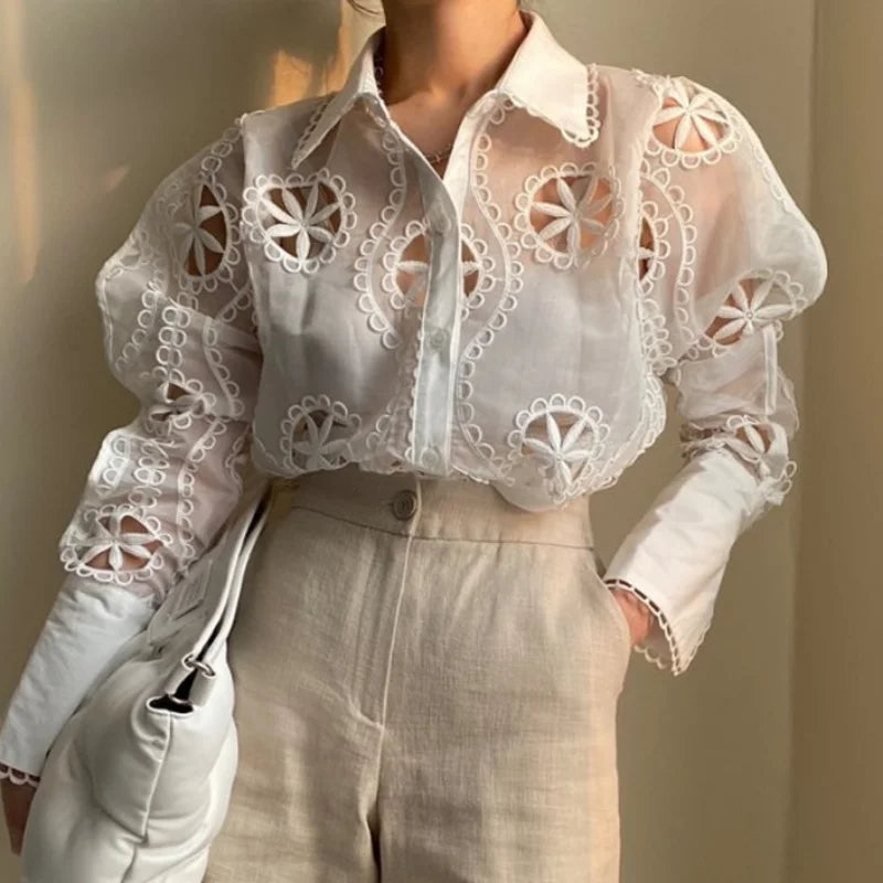 Spring Long Sleeve White Blouse - Floral Embroidery Shirt