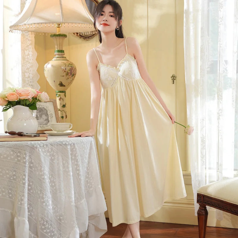 Cotton Lace Nightgown - Elegant Sleeveless Sleep Dress