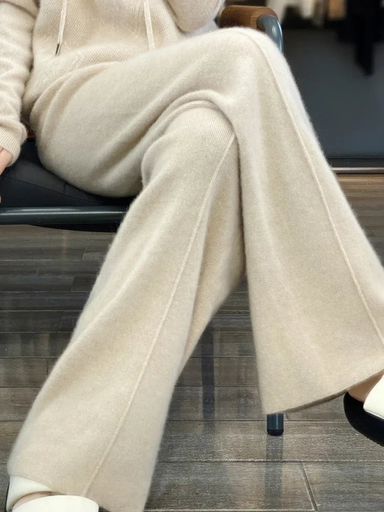 Women's Wool Knitted Wide Leg Pants - High Waist Casual Trousers