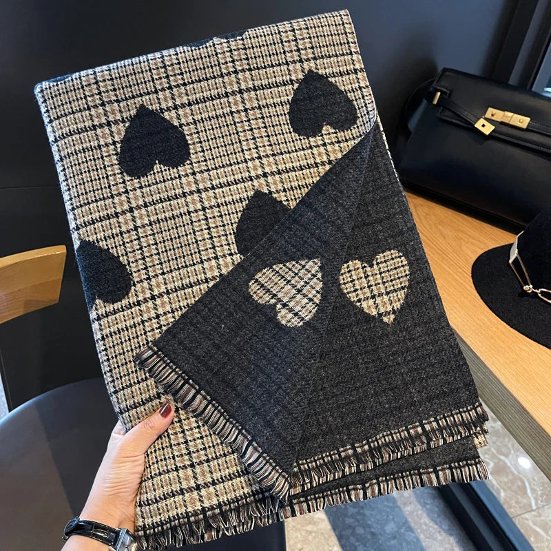 Women's Double-Sided Cashmere Scarf - Plaid Heart Pattern Winter Shawl