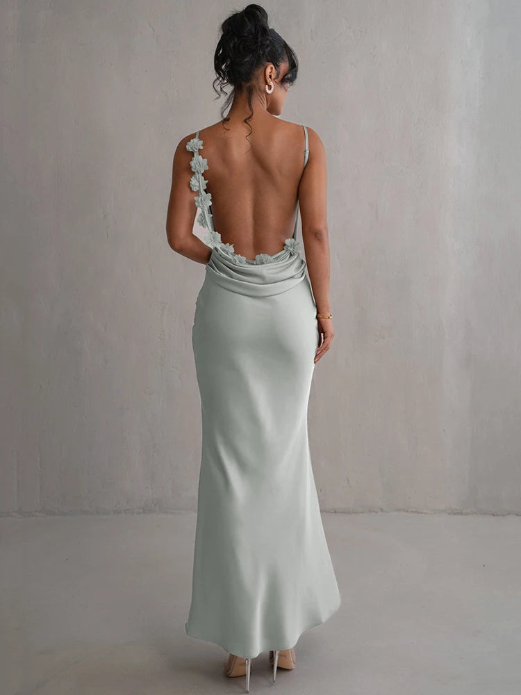 Mozision Floral Draped Backless Maxi Dress - Elegant Spaghetti Strap Evening Gown