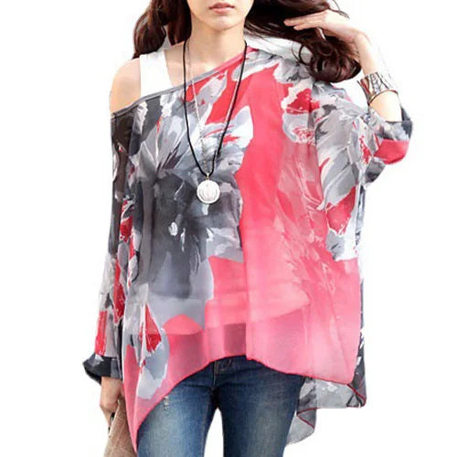 Women's Bohemian Chiffon Blouse - Plus Size Batwing Sleeve Summer Top