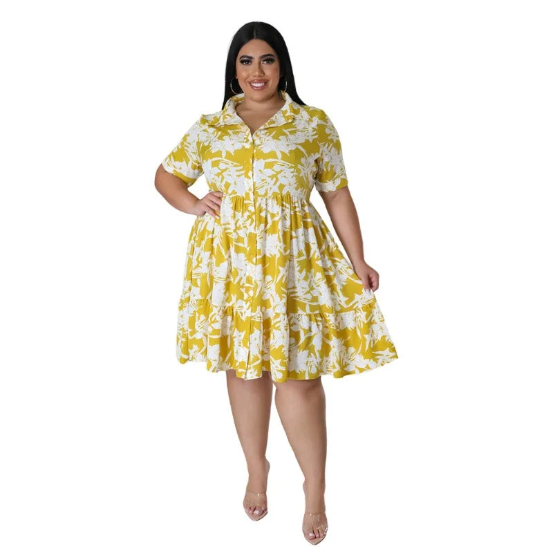 Women's Plus Size Floral Print Midi Dress - A-Line Short Sleeve Casual Party Dress