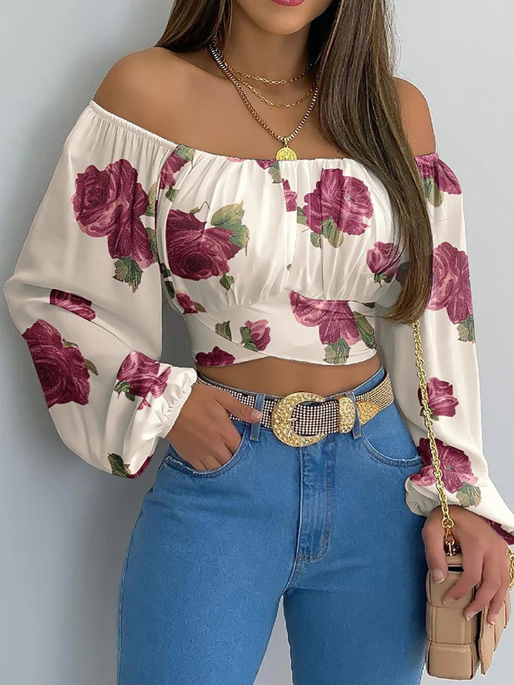 Off-Shoulder Blouse - Lantern Sleeve Lace-Up Crop Top