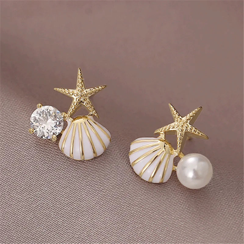 Starfish Pearl Stud Earrings - Asymmetric Shell Design