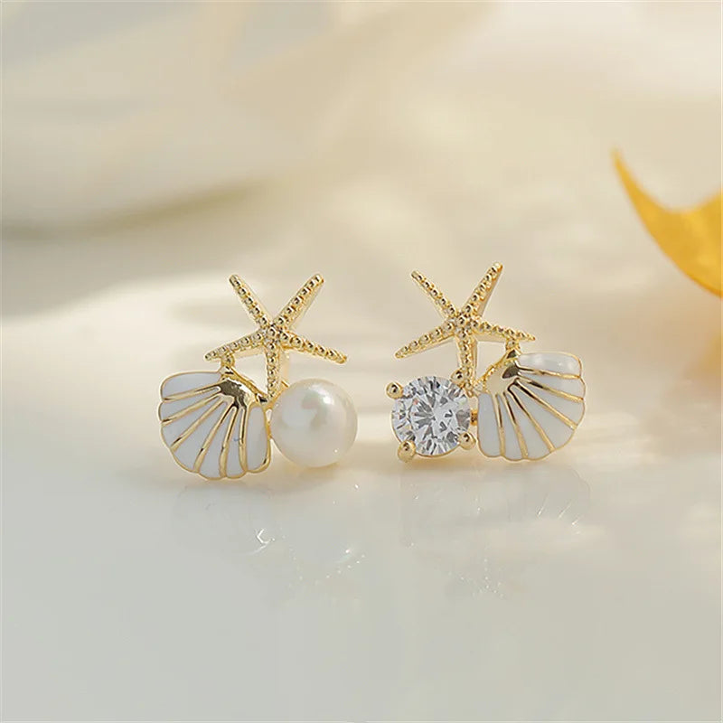 Starfish Pearl Stud Earrings - Asymmetric Shell Design