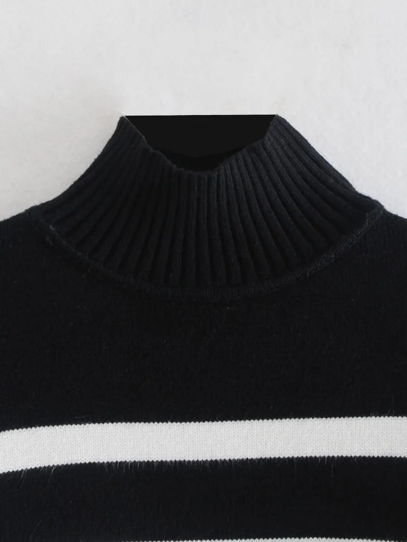 Black and White Striped Turtleneck Sweater - Women's Pullover