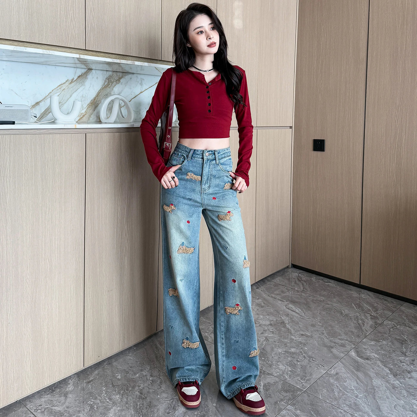 Women's Embroidered Denim Jeans - Korean Style Loose Fit