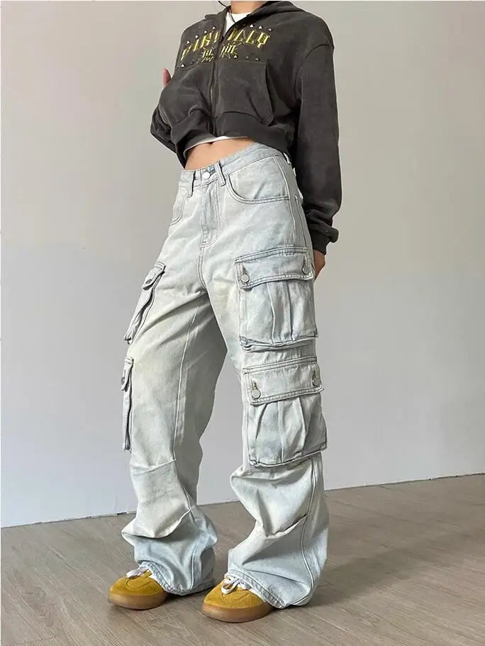 Women's High-Waisted Cargo Jeans - Wide Leg Denim Pants