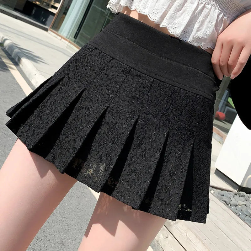 Women's High Waist Lace Pleated Mini Skirt