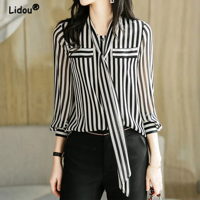 Striped Office Blouse - Elegant Long Sleeve Fashion Shirt