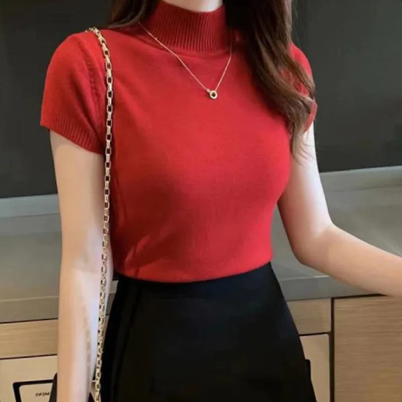 Half-High Neck T-Shirt - Korean Fashion Casual Jumper