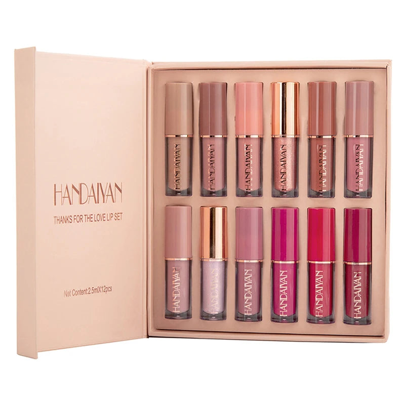Handaiyan Velvet Matte Lip Gloss Set - 12 Piece Long-Lasting Waterproof Collection