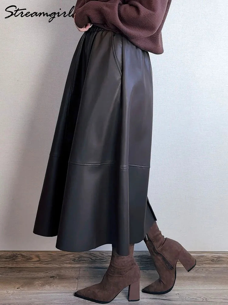 Women's Faux Leather Midi Skirt with Pockets - A-Line Elastic Waist