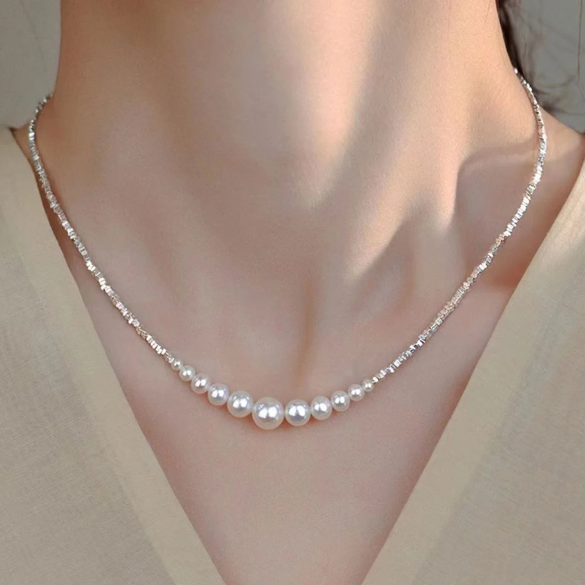 Stainless Steel Pearl Choker Necklace - Minimalist Layered Design