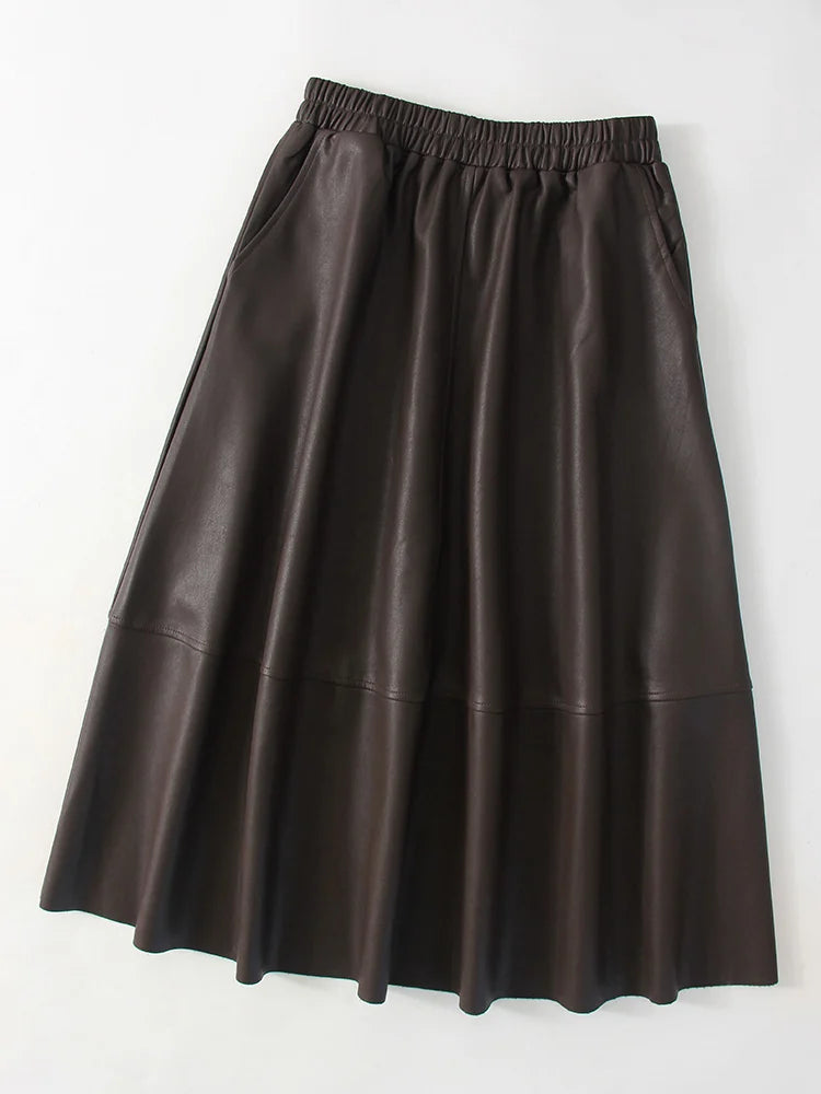 Women's Faux Leather Midi Skirt with Pockets - A-Line Elastic Waist