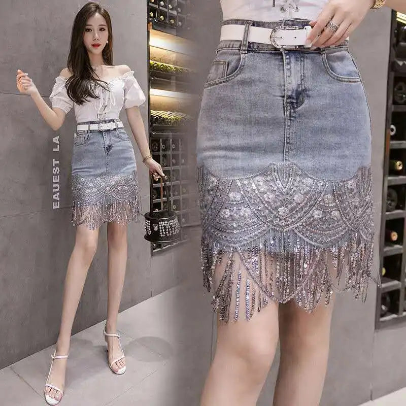 Women's High Waist Denim Skirt with Fringe Detail