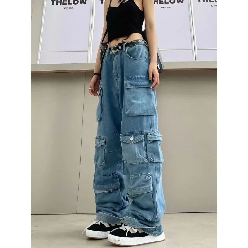 Cargo Jeans - Multi-Pocket Wide Leg Denim Pants