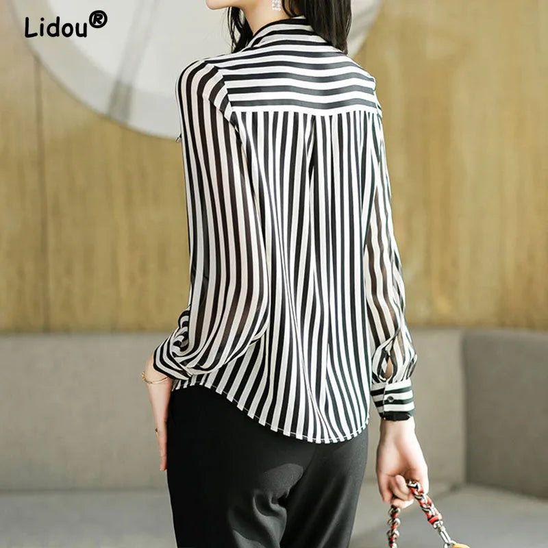 Striped Office Blouse - Elegant Long Sleeve Fashion Shirt
