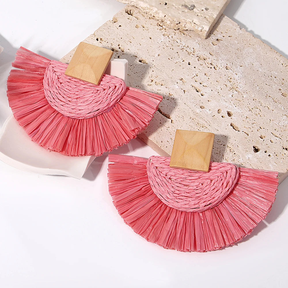 Handmade Raffia Drop Earrings - Colorful Fan-Shaped Summer Jewelry