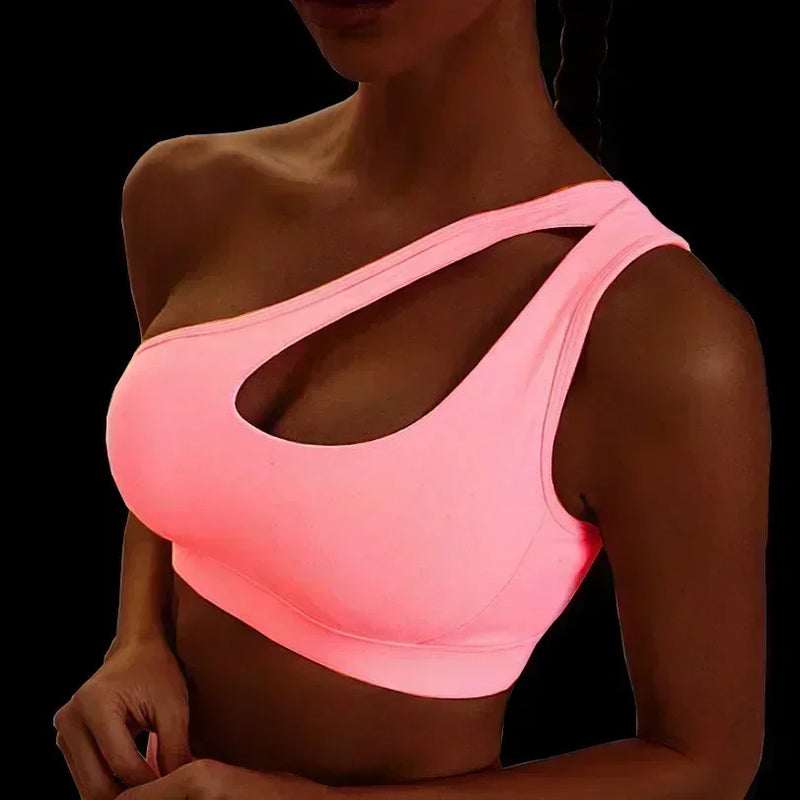 One Shoulder Sports Bra - Wireless Push-Up Athletic Top
