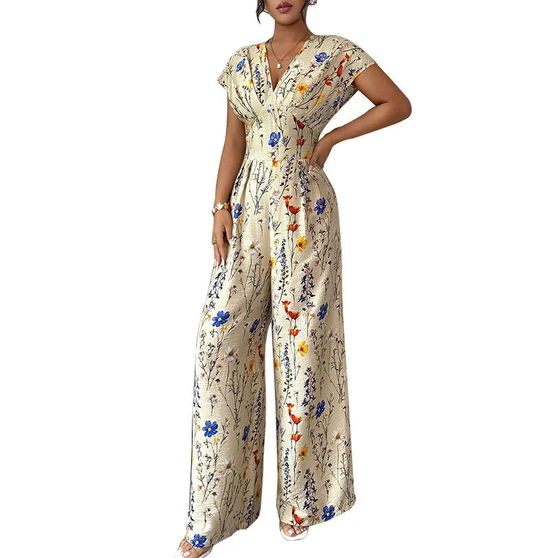 Women's Floral Print High Waist Jumpsuit - Short Sleeve Straight Leg