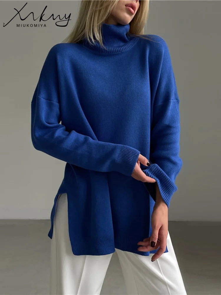 Oversized Turtleneck Sweater - Women's Side Split Pullover