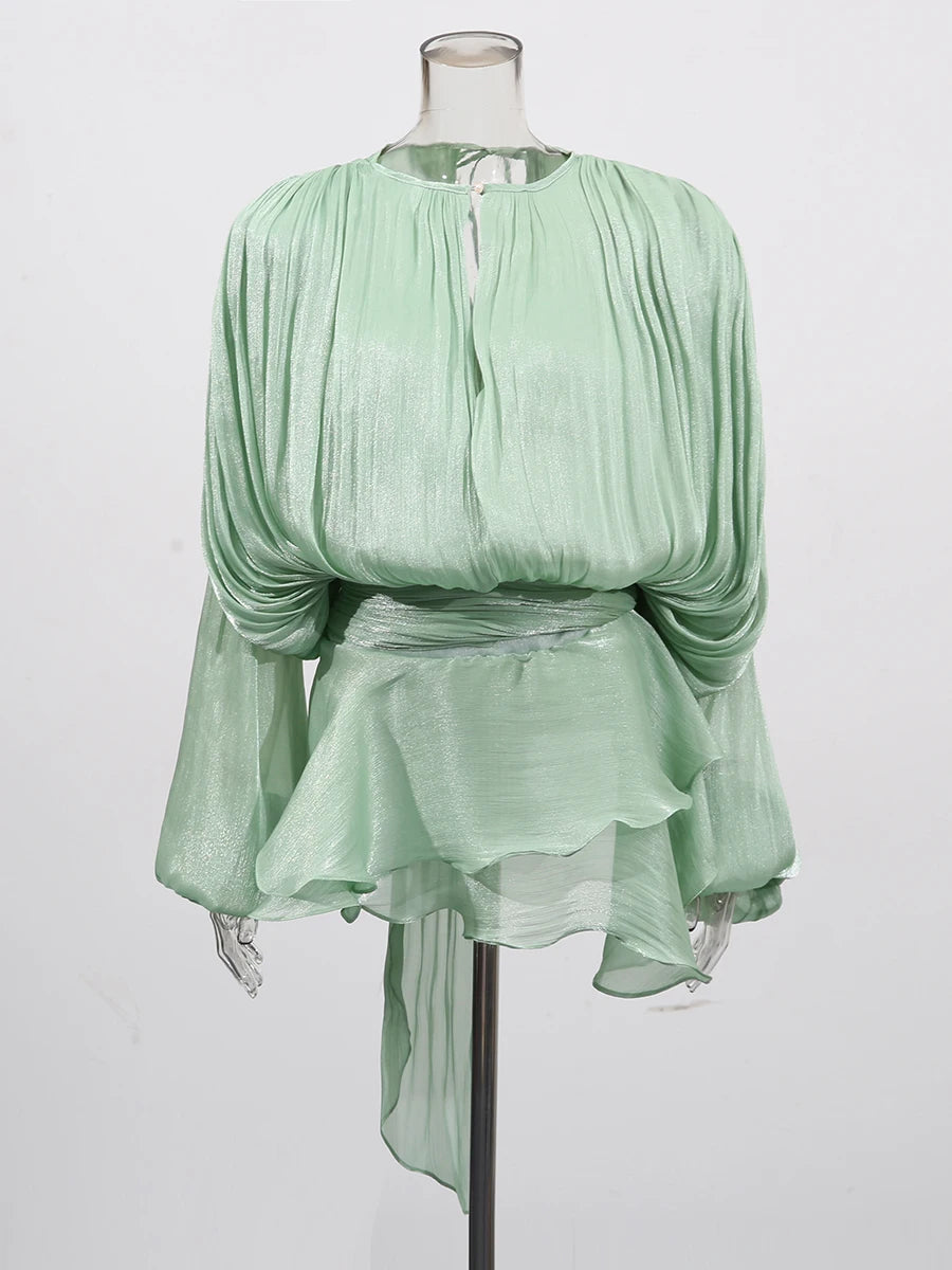 Women's V-Neck Mini Dress with Long Sleeves - A-Line Blouse Dress