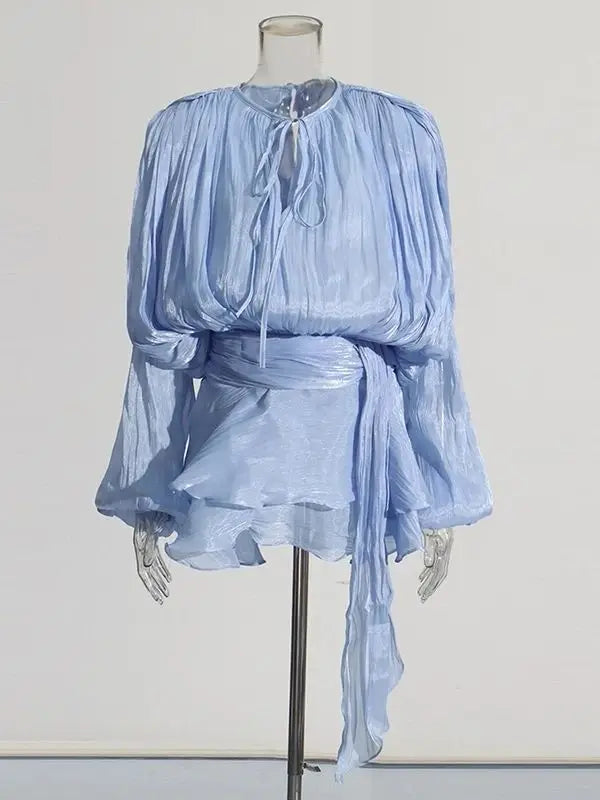 Women's V-Neck Mini Dress with Long Sleeves - A-Line Blouse Dress