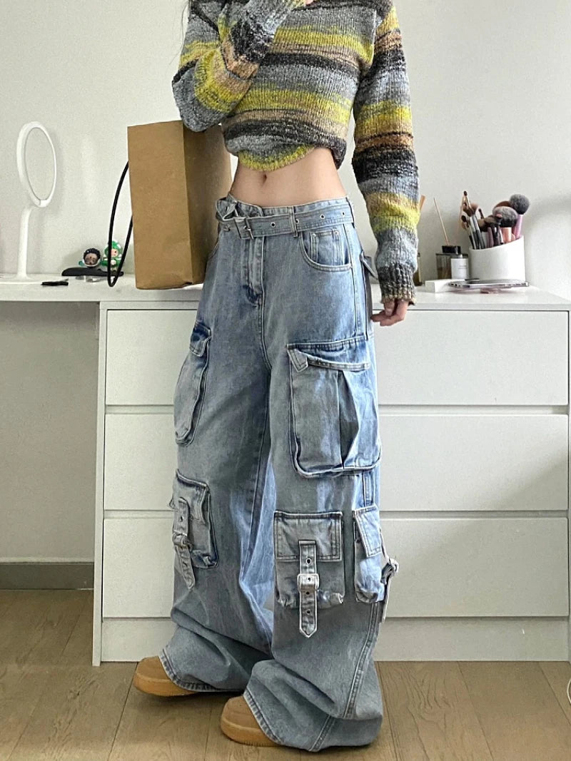 Women's High-Waisted Cargo Jeans - Wide Leg Denim Pants