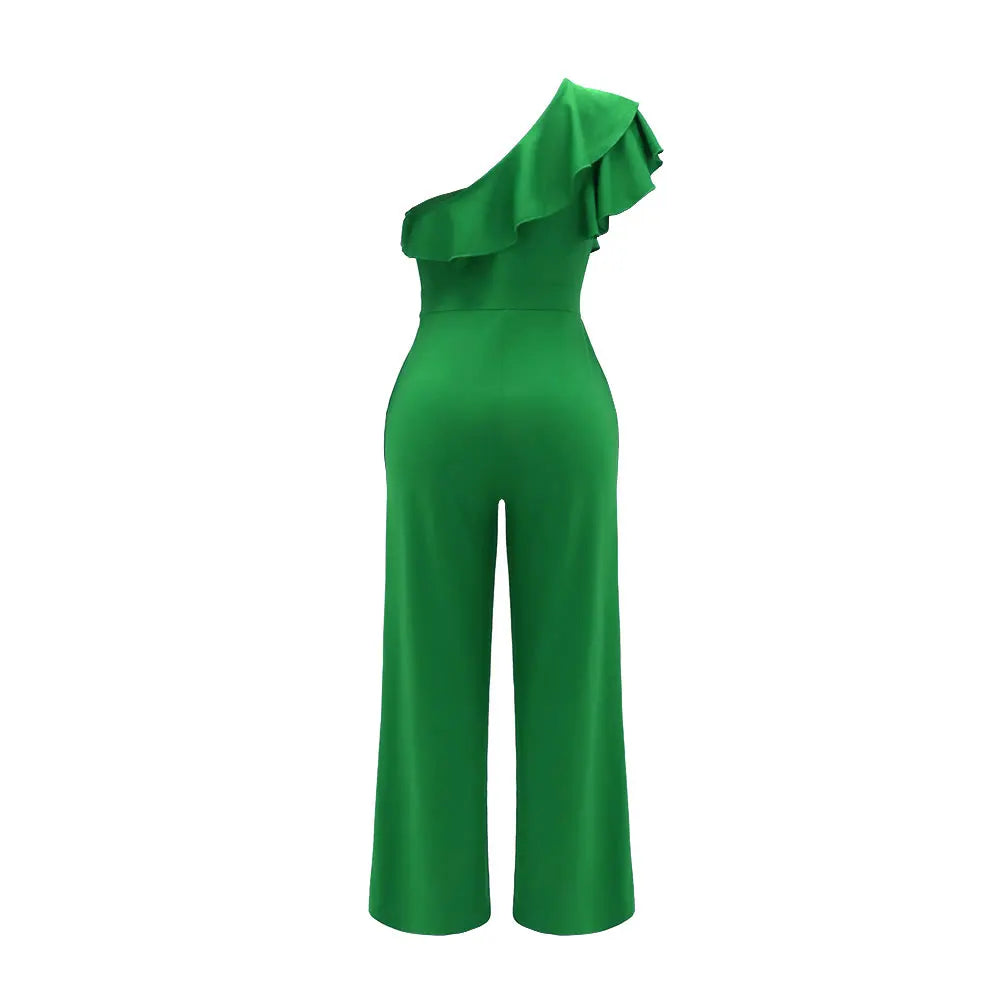 Women's One Shoulder Ruffle Jumpsuit - Elegant Solid Color Design