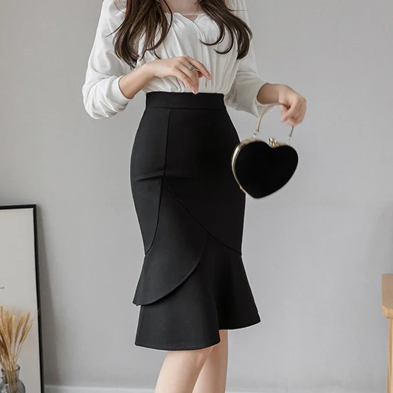 Women's High Waist Bodycon Skirt - Elegant Mid-Calf Length Office Wear