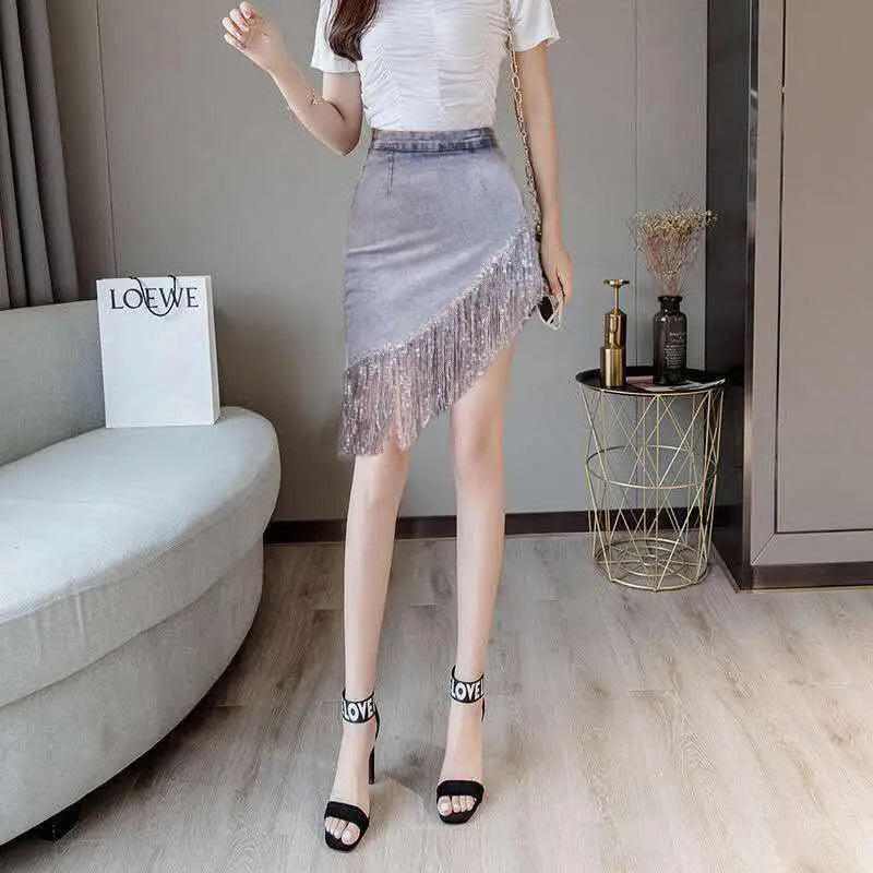 Women's High Waist Denim Skirt with Fringe Detail