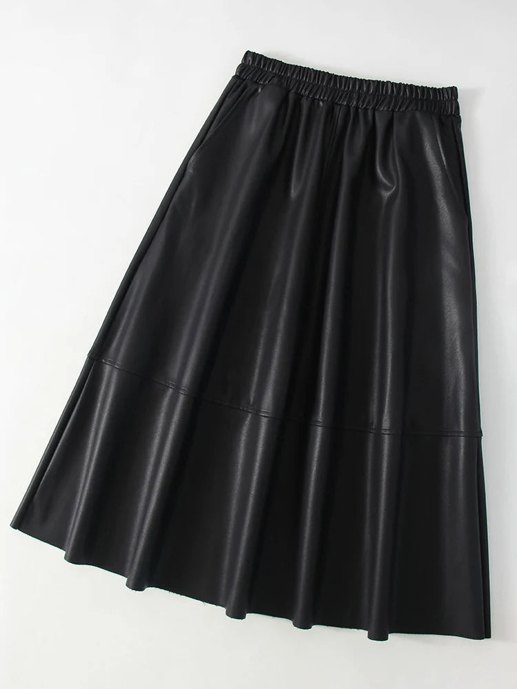 Women's Faux Leather Midi Skirt with Pockets - A-Line Elastic Waist